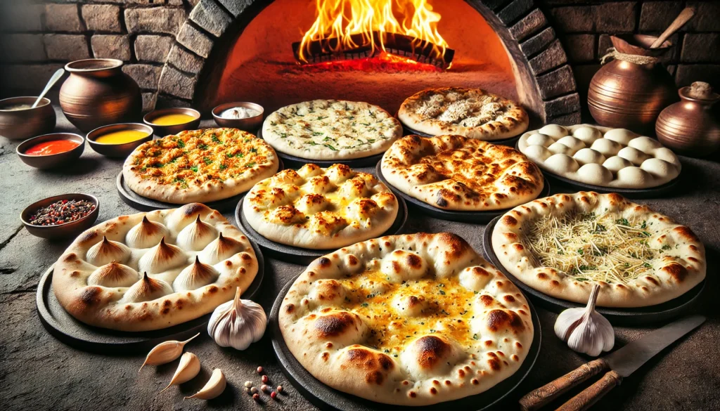 ác biến thể như Garlic Naan, Cheese Naan, và Butter Naan