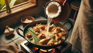 Cho các nguyên liệu đã chuẩn bị vào nồi lớn, nấu với nước dừa.