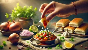 Khi ăn, hãy xé bánh mì Pav thành từng miếng nhỏ, nhúng vào Bhaji, và thêm hành tây cùng một chút nước cốt chanh.