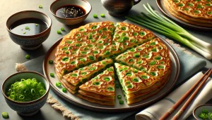 Cong You Bing không có nhân, thay vào đó là lớp hành lá băm nhỏ và dầu mè tạo nên hương vị đặc trưng.