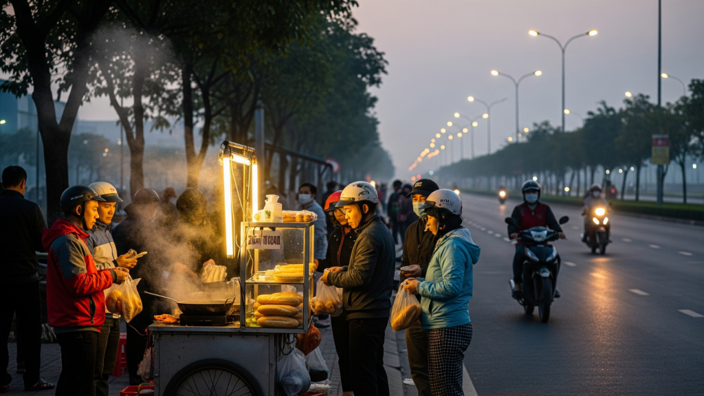 bán bánh mì thịt buổi sáng